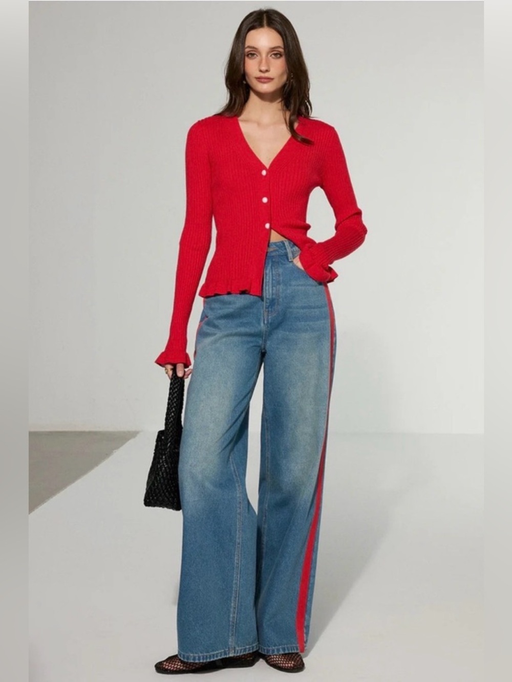 NWT COMMENSE High Rise Wide Leg Jeans with Red Track Stripe - Small